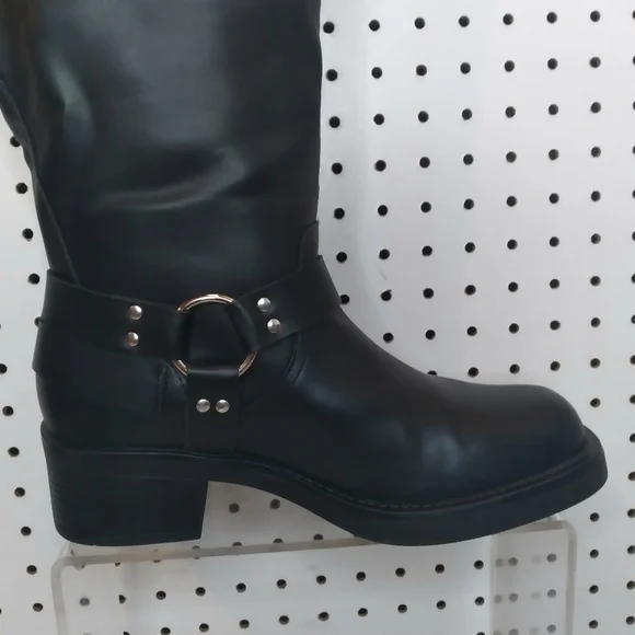 Women's 12.5" Knee High Moto Boots Buckle Strap Gothic Low Chunky Platform Black - Picture 6 of 10